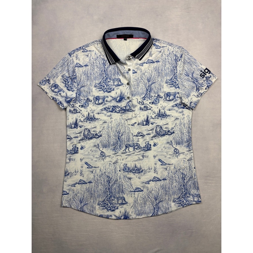 Greyson Huntress Toile Golf Polo Medium Women Blue White Wolf Print Signal Logo